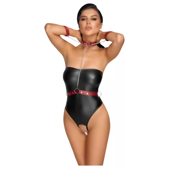 Cottelli Bondage - glanzende body + arm- en halsfixatie (zwart)