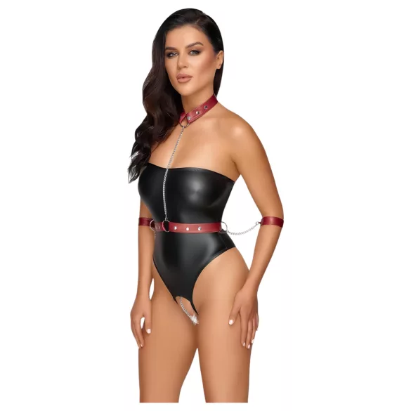 Cottelli Bondage - glanzende body + arm- en halsfixatie (zwart)