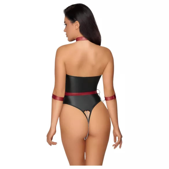 Cottelli Bondage - glanzende body + arm- en halsfixatie (zwart)