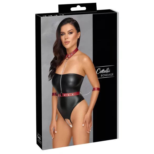 Cottelli Bondage - glanzende body met polsboeien - zwart - M