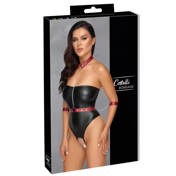 Cottelli Bondage - glanzende body + arm- en halsfixatie (zwart) - L