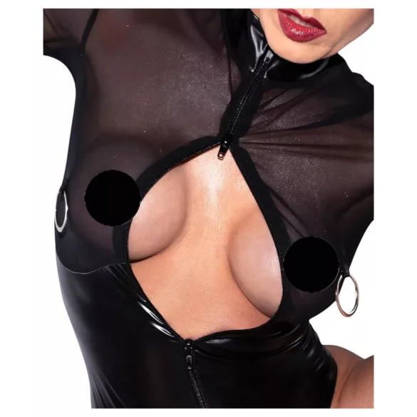 Noir - bodysuit - transparant inzetstuk - glanzend zwart - M