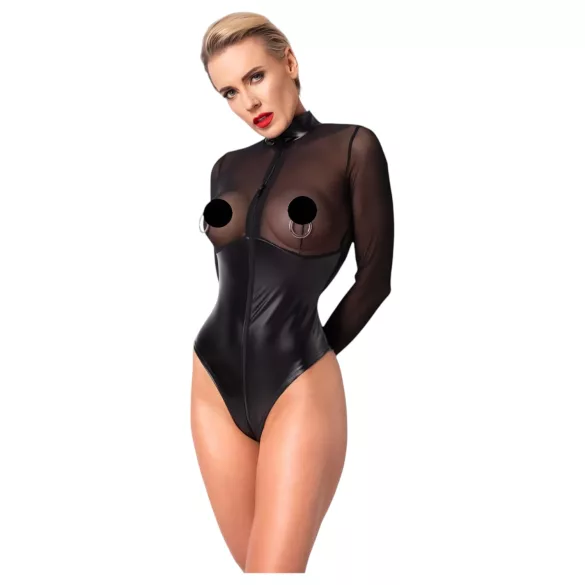 Noir - bodysuit - transparant inzetstuk - glanzend zwart - XL