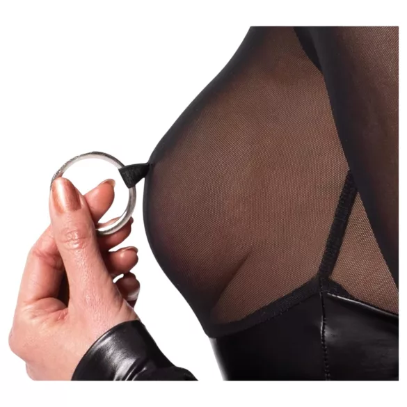 Noir - bodysuit - transparant inzetstuk - glanzend zwart - XL