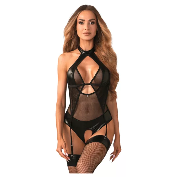 Obsessive Dominna - dames body - transparant glanzend - zwart - L/XL