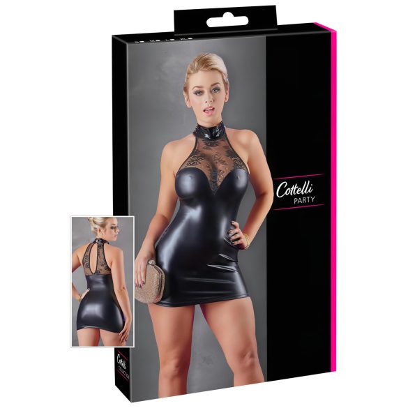 Cottelli - Glanzend kanten mini-jurkje met nekband (zwart) - M