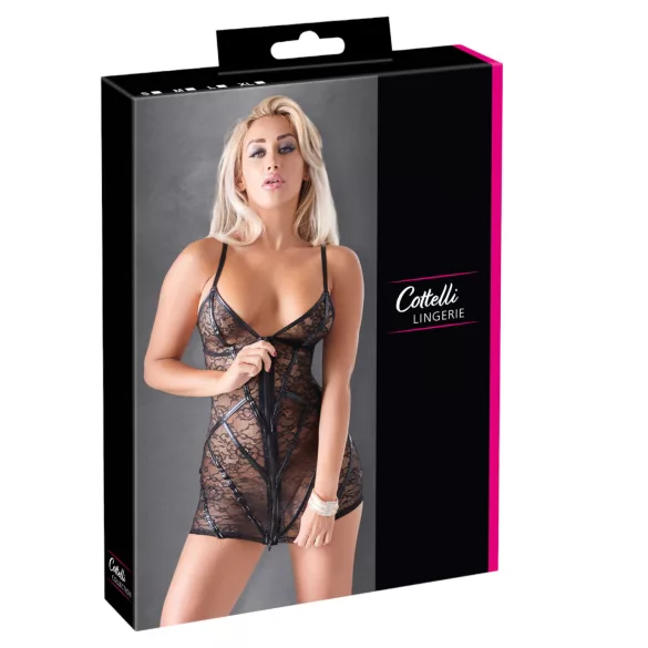 Cottelli - jurkje - glanzend met kant en strepen - zwart - XL