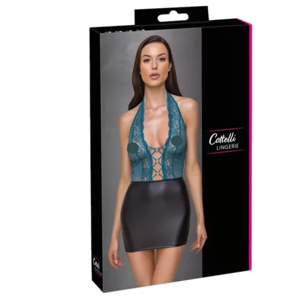 Cottelli - jurkje met vetersluiting en kant - glanzend - zwart/groen - M