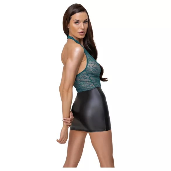 Cottelli - jurkje met vetersluiting en kant - glanzend - zwart/groen - M