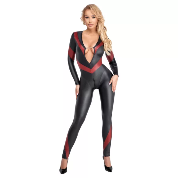 Cottelli - catsuit met rits - lederlook - zwart