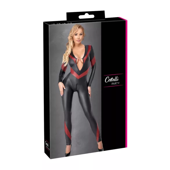 Cottelli - catsuit met rits - lederlook - zwart