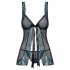 Obsessive Amanta - geborduurde babydoll en string (zwart-turquoise)