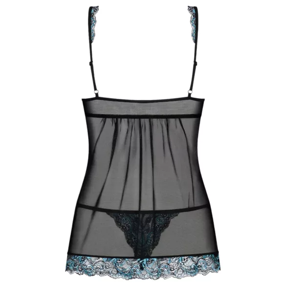 Obsessive Amanta - babydoll met borduursel en string - zwart/turquoise