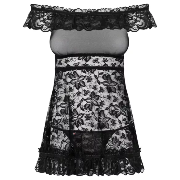 Obsessive Flores - babydoll met ruches en string - zwart - L/XL