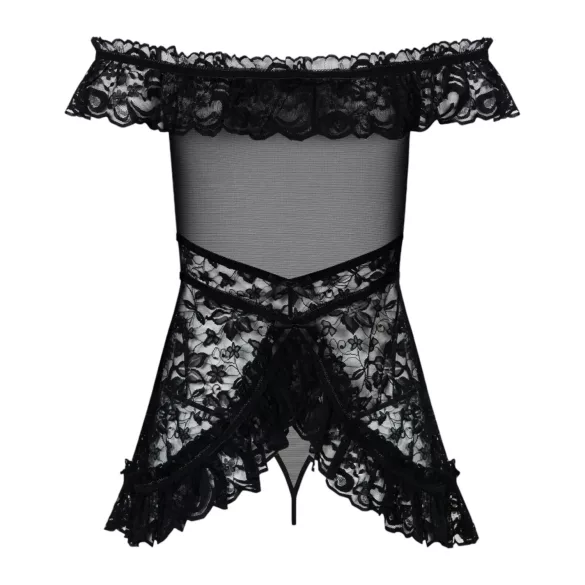 Obsessive Flores - babydoll met ruches en string - zwart - L/XL