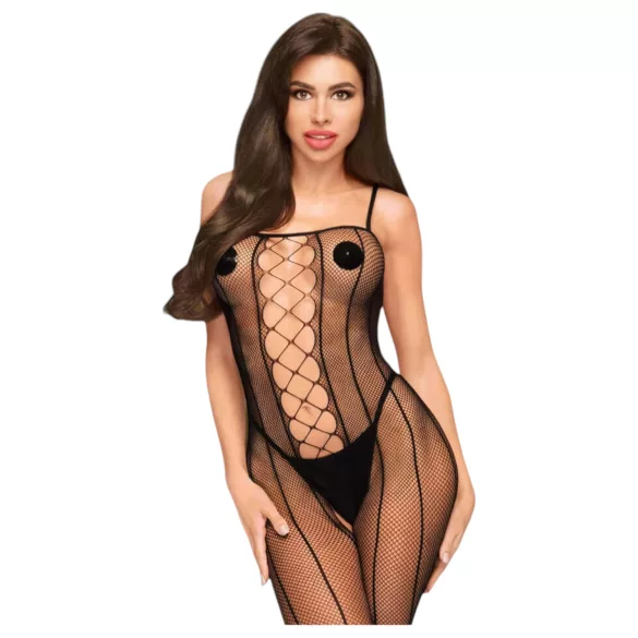 Penthouse Drop-Dead - catsuit met open kruis - netstof en strepen - zwart - XL