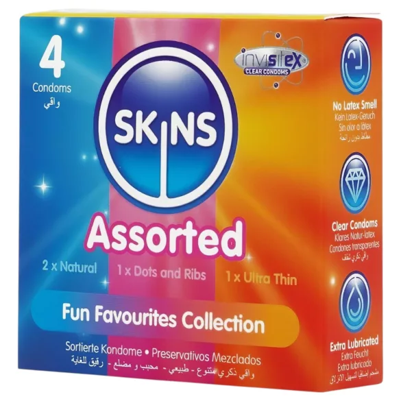 Skins - gevarieerde condooms - geribbeld, naturel, extra dun (4 stuks)