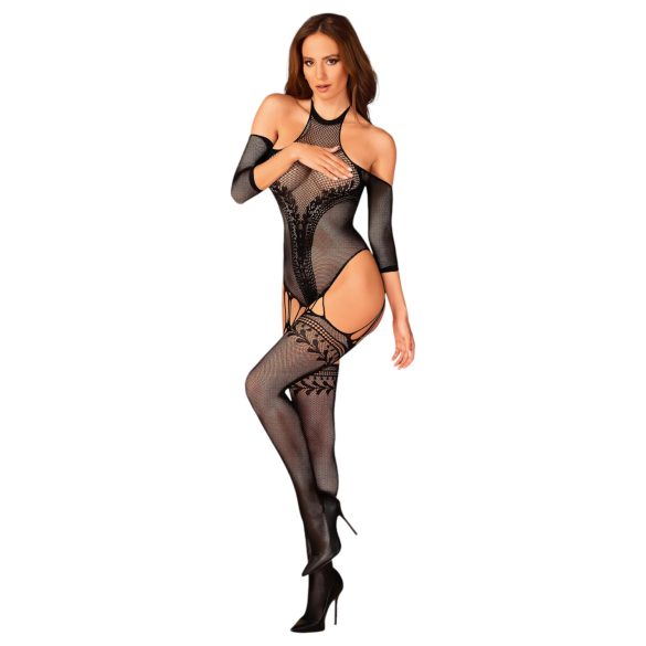 Obsessive - patroon gedecoreerde net catsuit (zwart) (S-L)
