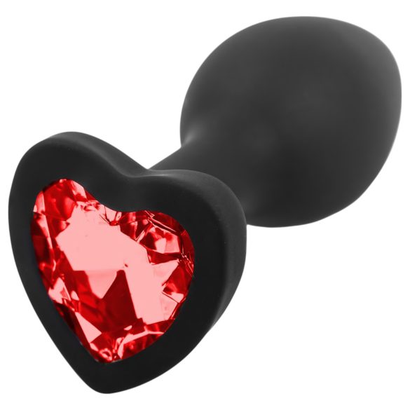 Sunfo - siliconen anaal plug met rood hartvormig steentje (zwart)