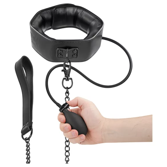 Fetish - opblaasbare halsband met riem (zwart)