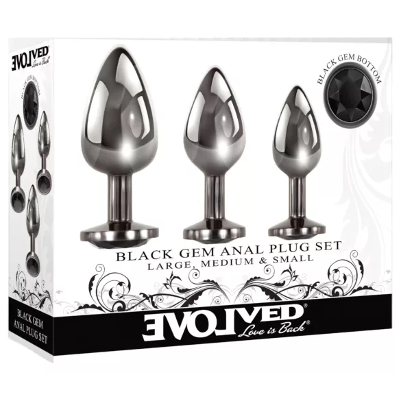 Evolved Black Gem - metalen buttplug set - zwarte steen - zilverkleurig
