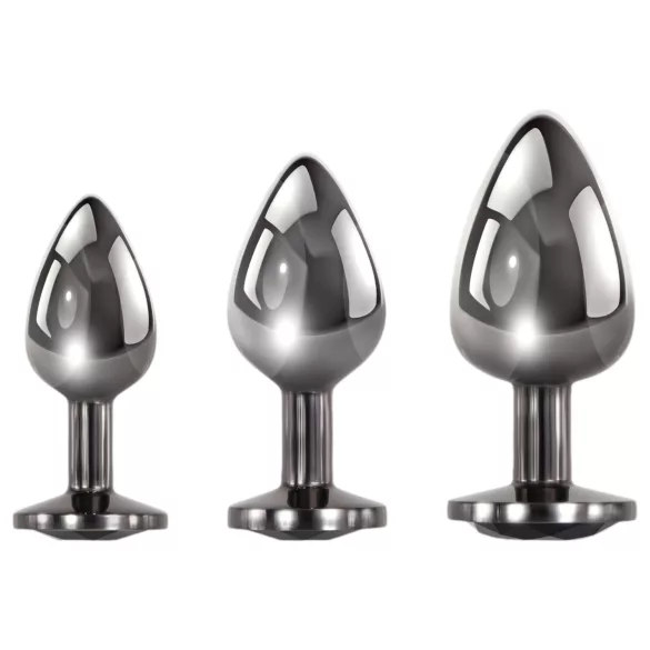 Evolved Black Gem - metalen buttplug set - zwarte steen - zilverkleurig