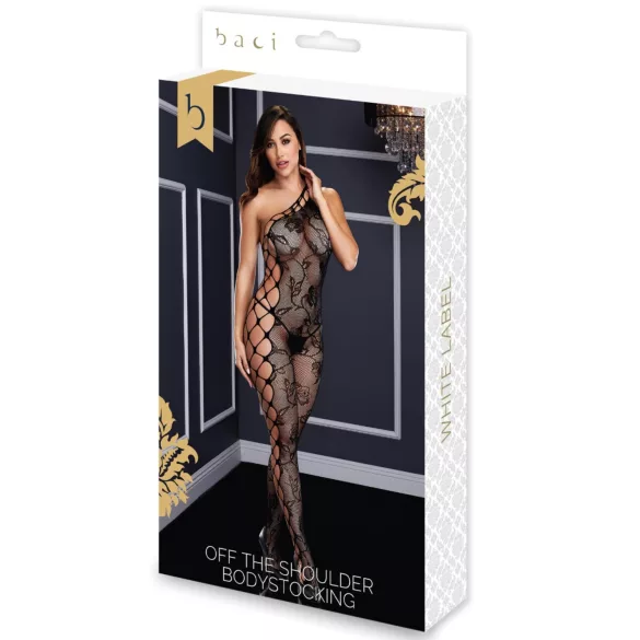 Baci - bodystocking met één schouder - bloemen kant - zwart - S-L