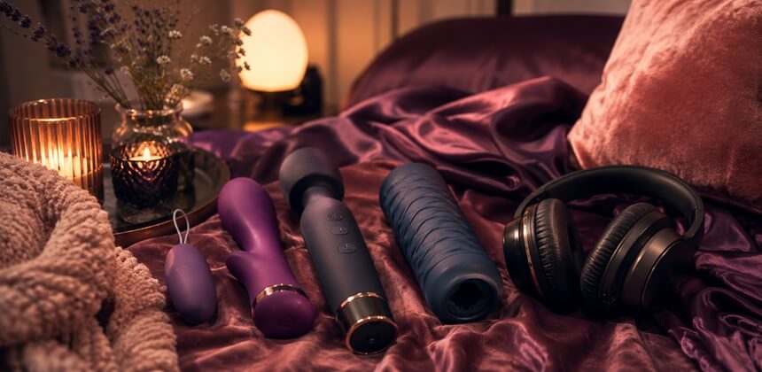 Stille speeltjes en een koptelefoon op paarse satijn zorgen voor een intieme ASMR seks sfeer | Sexshop Nederland Desirel.nl